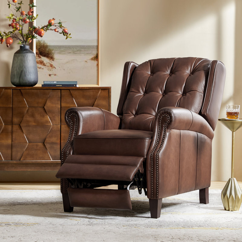 Toniyah 29.25''W Waxed Leather Power Recliner with Solid Wood Legs, Brown