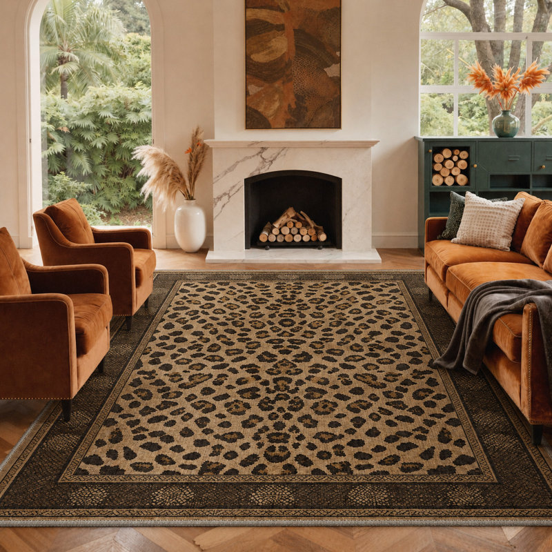 Tapis brun / noir à imprimé animal lavable à la machine avec envers antidérapant, Rectangle 5 pi x 7 pi
