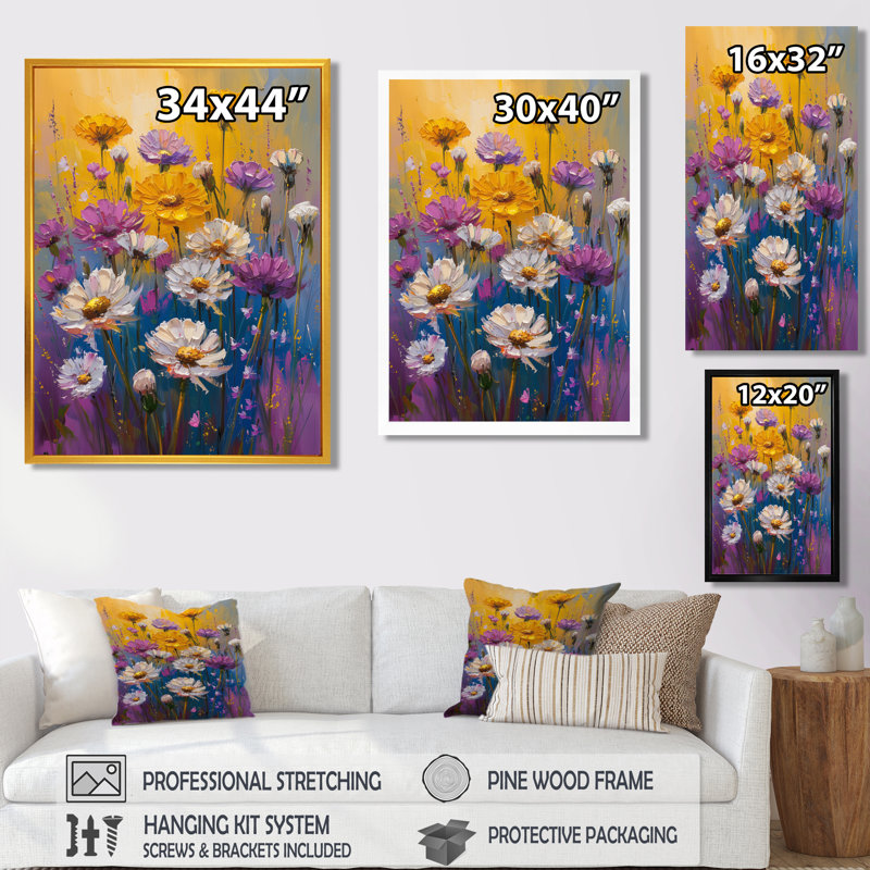 Décoration murale pissenlit blanc et mauve I - décoration murale pissenlit, H 30 po x l 40 po, Cadre flottant noir