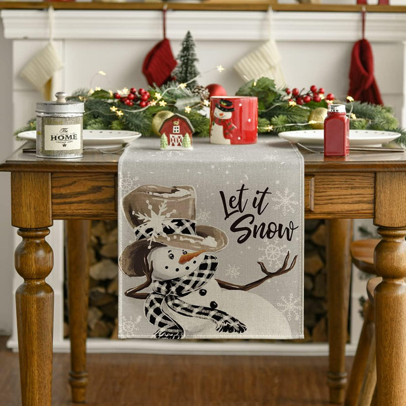 Grey Snowman Snowflake Let It Snow Christmas Table Runner, Seasonal Winter Kitchen Dining Table Decor For Home Party Indoor 13X72 Inch