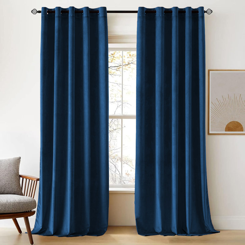 Thermal Velvet Curtains with Eyelet Ring Top - Blackout Crushed Velvet Drapes Pair, Blue, 168cm Width x 183cm Drop