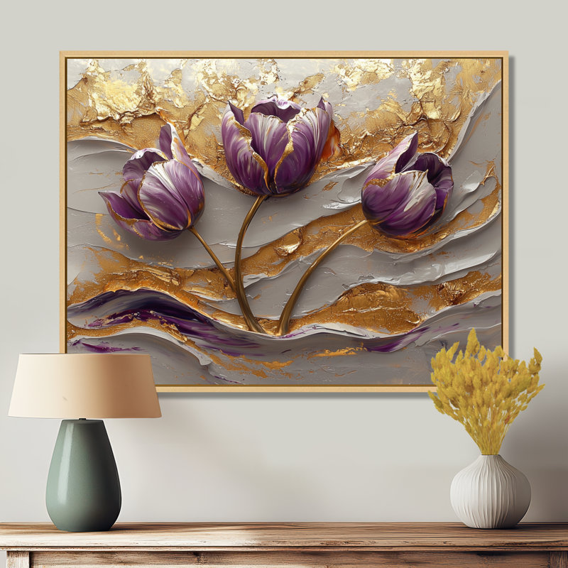 Marbré champ de tulipes sur la rivière crème I - art mural de tulipes pour le salon, Impression encadrée flottante