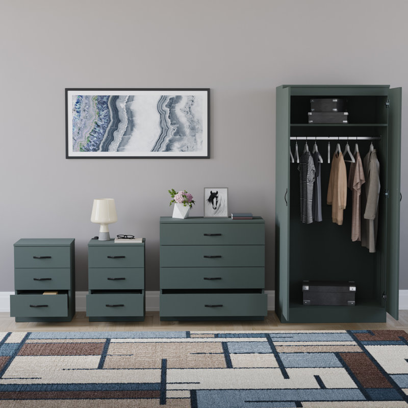 Tayce 4 Piece Bedroom Set (3 Drawer Bedside Cabinet X2, 4 Drawer Chest, 2 Door Wardrobe), Green