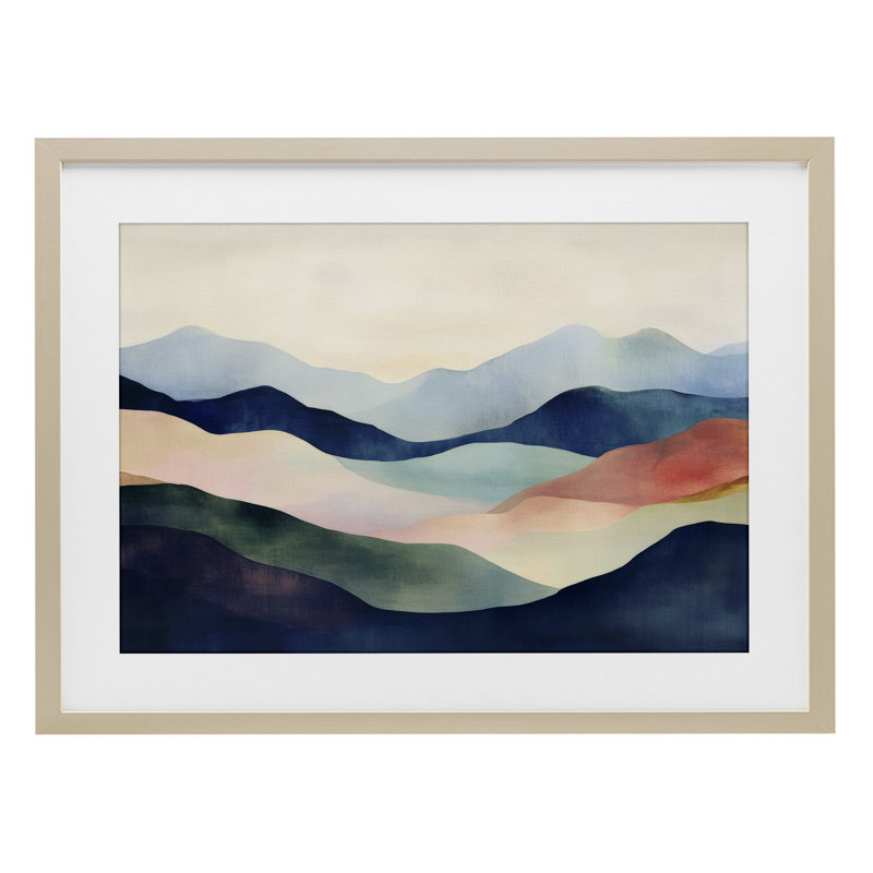 «Blue Abstract Mountain Landscape», reproduction d'art sous verre encadrée par Petal Prints Design, H 14 po x l 20 po