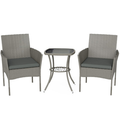 3 Piece Grey Rattan Bistro Set with 2 Cushioned Chairs and 2-Tier Glass Top Coffee Table, Garden Balcony Furniture with Steel Frame