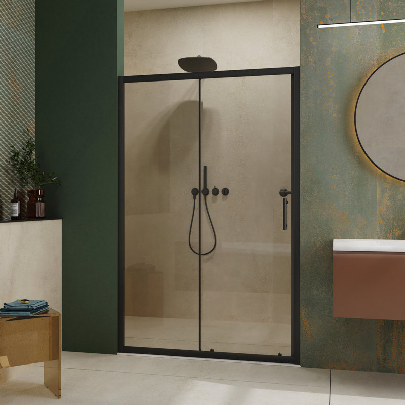 Single Sliding Shower Door, 1/5" Thick Clear Tempered Glass Shower Door With Stainless Steel Handle, Black