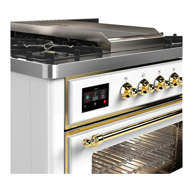 Majestic III Series 36 Inch Dual Fuel Range with 6 Sealed Burners, Griddle, in Glossy Black (Natural Gas, Brass Trim), White