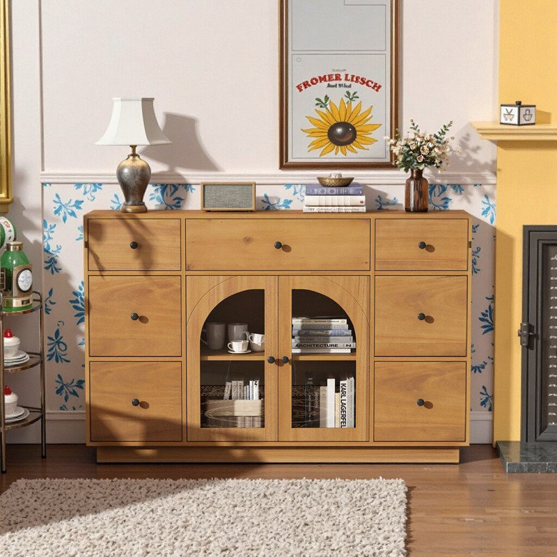 Armoire de rangement 55,8 po avec 7 tiroirs, 2 portes et décorations en verre, Brown