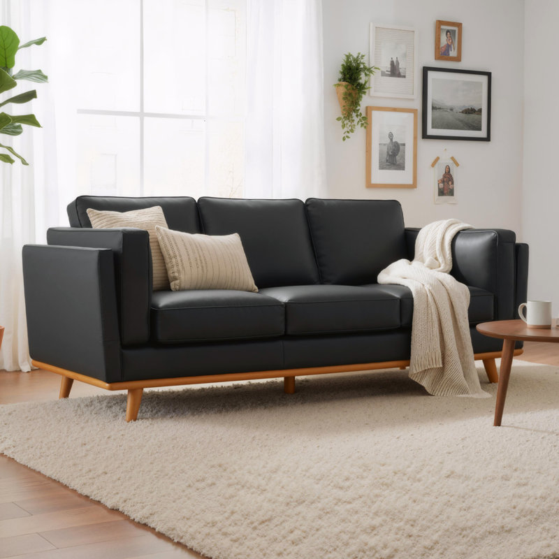 Napa Leather Couch, 88 Inch Leather Sofa for Living Room, Leather Office Couch, Solid Wood Accent, Black