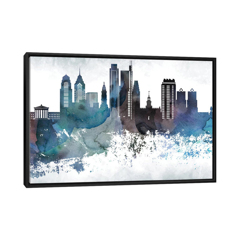 Philadelphia Bluish Skylines - impression d'art graphique, H 40 po x l 60 po x 1,5 po, Aucun mat, Toile avec cadre noir