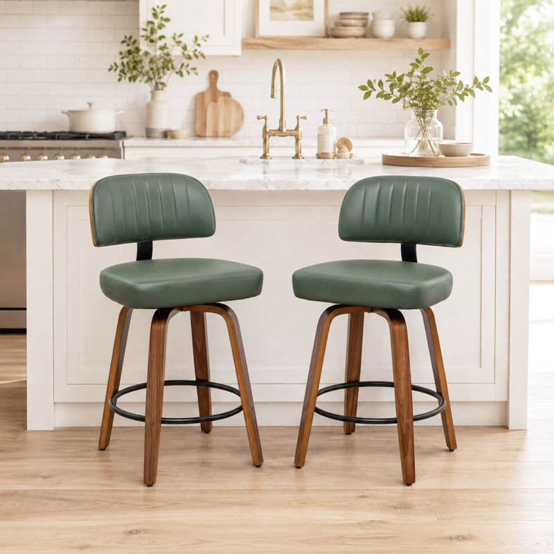 Tabourets de comptoir pivotants rembourrés en cuir de polyuréthane de style Mid-Century avec dossier courbé en bois, Vert