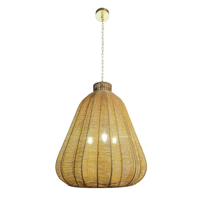 Rustic Twisted Rope Pendant Light with Gold Chain – Handcrafted Boho Hanging Ceiling Fixture for Dining Room, Living Room, Bedroom, or Kitchen – Natural Rattan Woven Rope Design, E26 Bulb Compatible (16"/24")