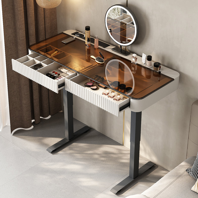 Makeup Vanity Set,Height Adjustable, USB Power Outlet, Glass Top, Storage Drawer, Black/Beige, 50" W x 23“ D x 29.5” H