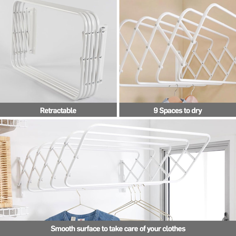 Steel Wall-Mounted Foldable Drying Rack with Expandable Rods – Space-Saving Laundry Solution,, 9" H x 35" W x 37" D, White