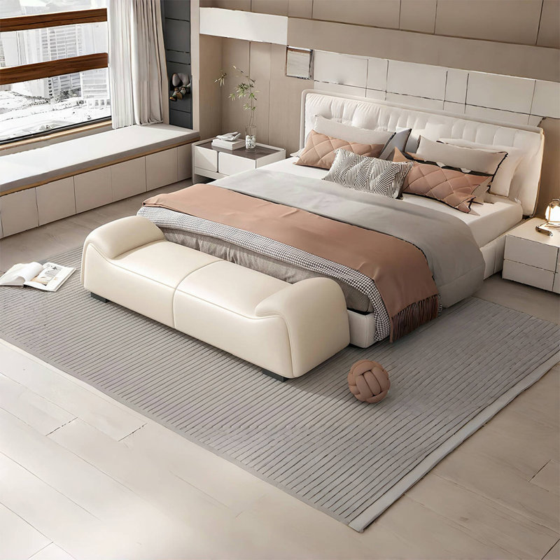 Banc rembourré en similicuir Vyrl, H 19,68 po x l 59,05 po x P 19,68 po, Blanc cassé