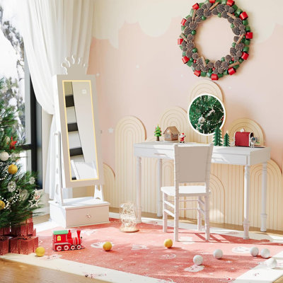 Armoire à bijoux pour enfants avec miroir pleine grandeur et lumières DEL pour enfants, 3 tiroirs, organisateur de coiffeuse princesse pour filles