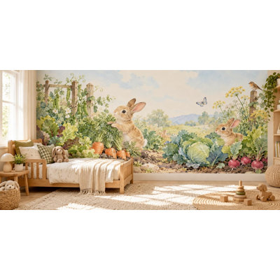 Vegetable Garden Wallpaper Mural, Peel and Stick Kids Room Wall Mural, Watercolor Bunny Garden Nursery Wallpaper