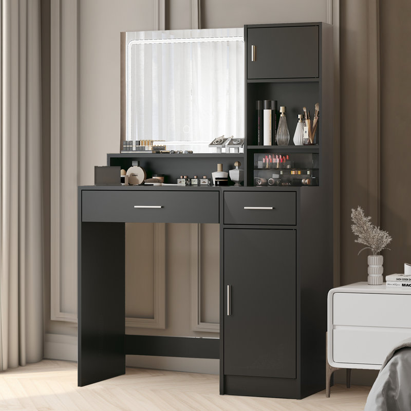 Bureau de coiffeuse avec miroir et bande lumineuse à DEL, coiffeuse avec grand tiroir, commode de rangement à 3 niveaux et 3 modes d'éclairage à luminosité réglable