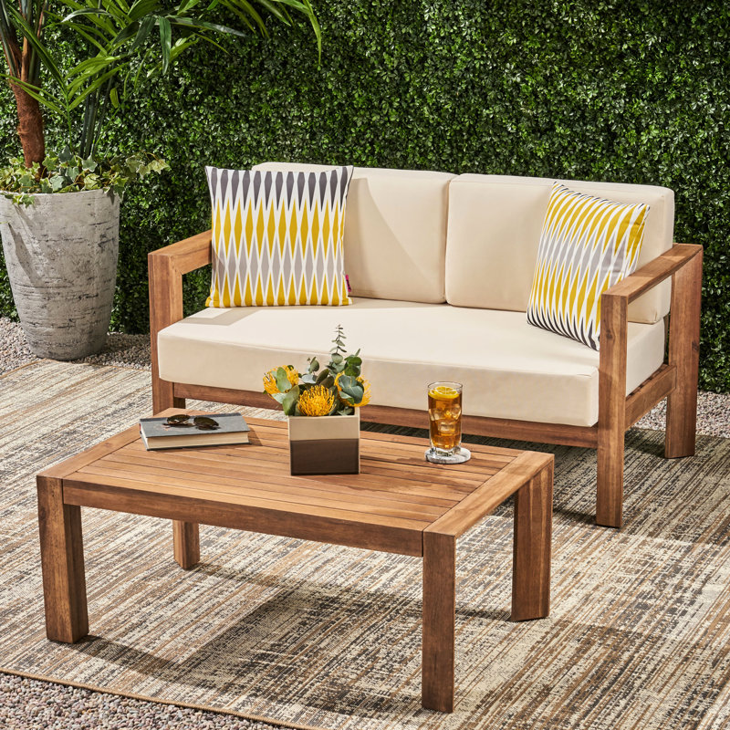 Table basse en bois et en bois avec coussins doux et brun extérieur