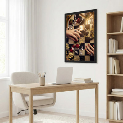 Toile noire encadrée en bois noir pour le salon, la chambre à coucher, le bureau ou le vestibule - Décoration murale décorative à carreaux de luxe
