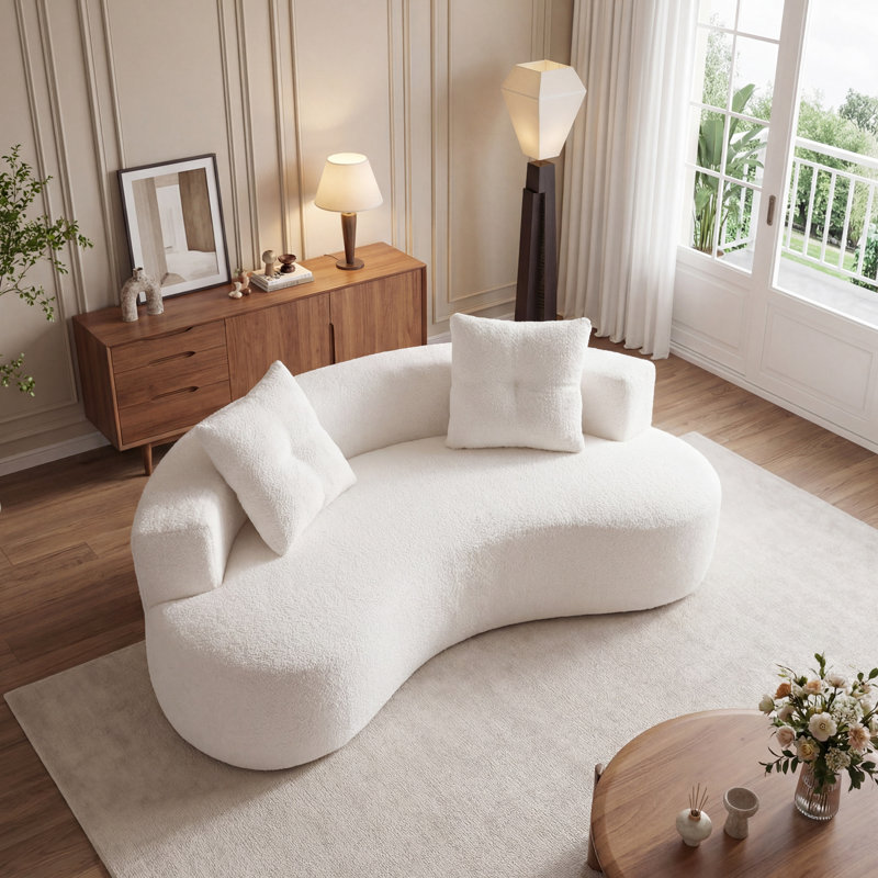 Canapé 3 places Cloud (202 cm), sans ossature, blanc crème, tissu bouclé, mousse et ressorts, livré monté, adaptable à différents environnements.