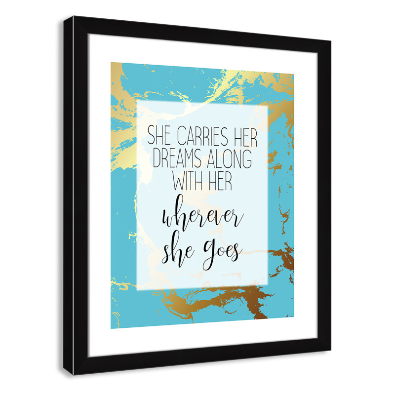 «Whereever she goes», art encadré, H 26,5 po x l 22,5 po x P 0,63 po, Cadre noir