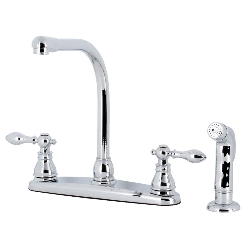 Kingston Brass American Classic Two-Handle 4-Hole 8" Centerset Kitchen Faucet with Side Sprayer, Polished Chrome