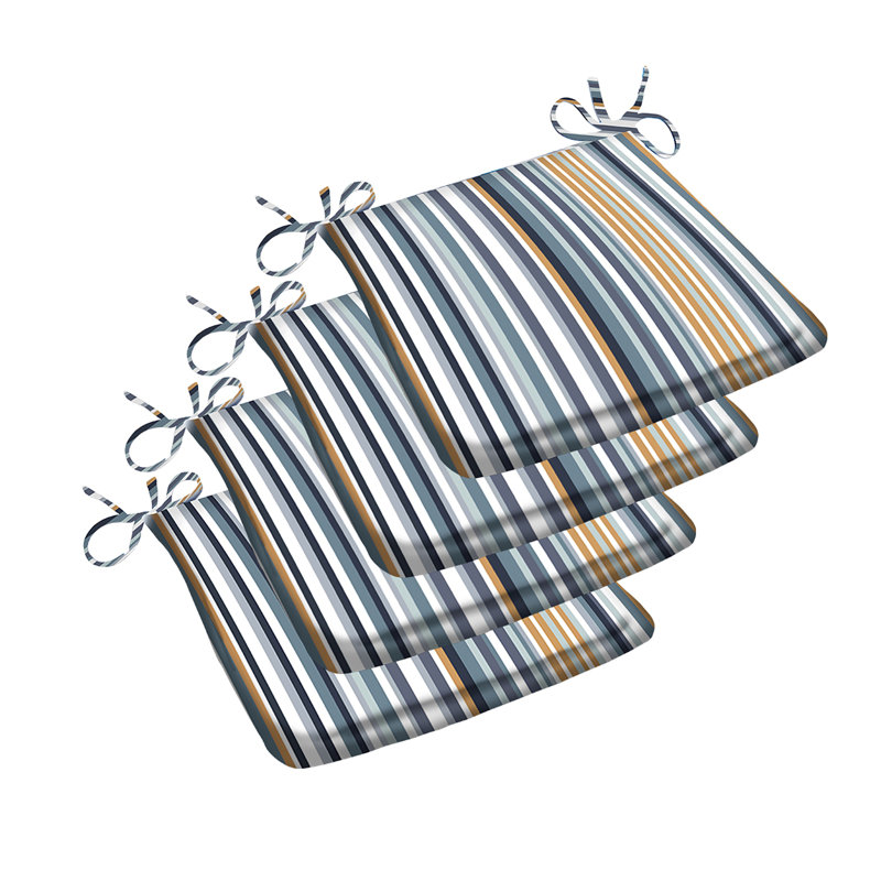 Trapezoid Water-repellent Seat Pad Set of 4, White/Blue/Yellow Striped