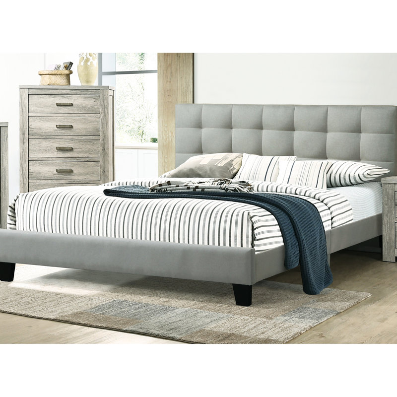Lit de chambre à coucher gris anthracite avec tête de lit et cadre de panneau de particules, Lit double, Gris clair