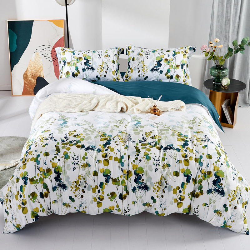 Lunaria Floral Duvet Cover Set – 100% Cotton, Green and Blue Botanical Print, Soft & Breathable Bedding, California King