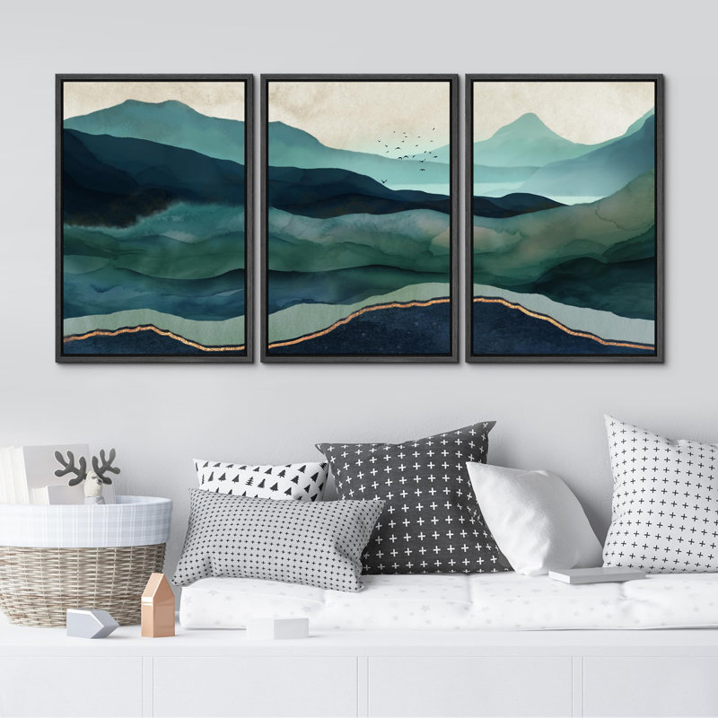 «Mystic Mountains Ombre Blue Landscape Trio Serene Abstract Nature Wilderness Modern Decor» 3 pièces, Noir, H 24 po x l 16 po