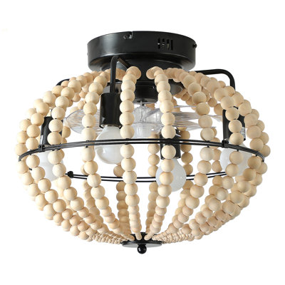 18" Bohemian Wood Beaded Ceiling Fan With Light, Flush Mount Caged Ceiling Fan, Rustic Farmhouse Low Profile Fan Light Fixture For Indoor Home Decor (Silent/6-Speed/Reversible/DC Motor) (No Bulbs)