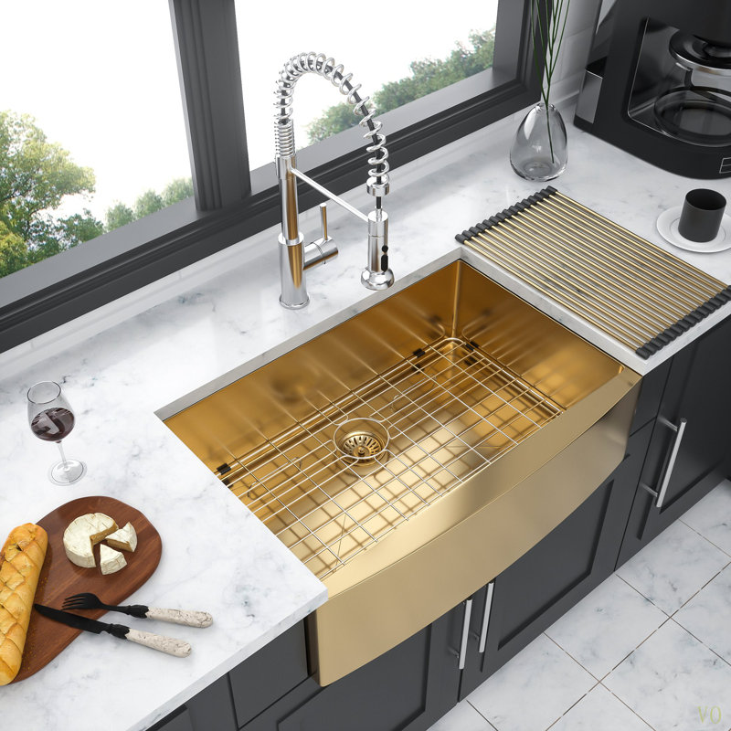 36" X 21" X 10"  Farmhouse Sink - 36 Inch Kitchen Sink Stainless Steel 16 Gauge Apron Front Kitchen Sink, Gold