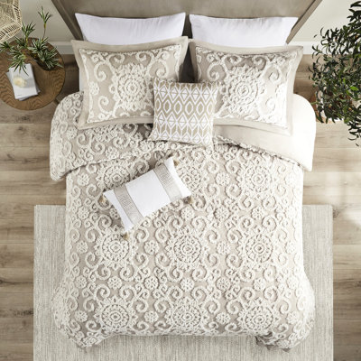 Housse de couette en coton taupe pour lit double / grand lit avec ornement en chenille frappant