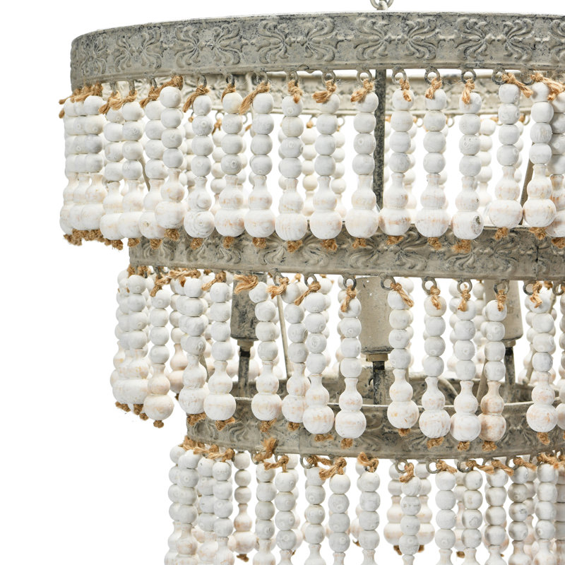 3-Tier Wood Bead Chandelier, White