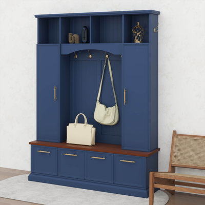 Hall Tree With Golden Hooks And Handles, Practical Entryway Walnut Bench With Adjustable Shelves, Farmhouse Wooden Style Coat And Shoe Rack