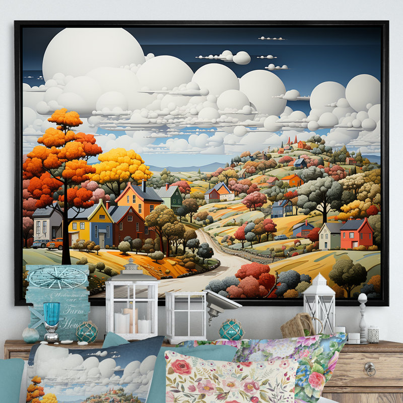 Décoration murale De Stijl Style County Side I - Campagne, H 34 po x l 44 po x P 1,5 po, Cadre flottant noir