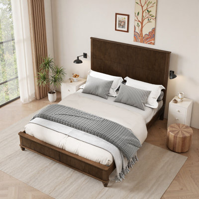 Solid Wood Bed Frame,Platform Bed Frame With Headboard,Tall Headboard Natural Wood Bed,No Box Spring Needed