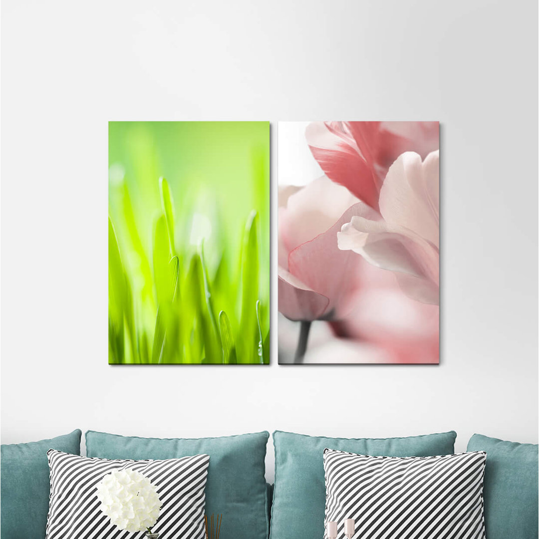 2-tlg. Leinwandbilder-Set - Grafikdruck „Grass Blades of Grass Green Fresh Tuples White Flowers”