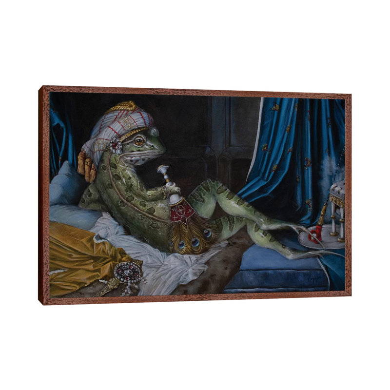 Frog Odalisque by Melinda Copper - Painting on Canvas, 66.04 cm H x 45.72 cm W, Classic Brown Wood Framed