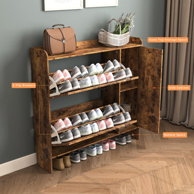 Armoire à chaussures autoportante rustique brun avec 2 tiroirs rabattables et rangement caché, organisateur étroit pour le vestibule, intérieur réglable en miroir de différents types d'ornements de clôture supérieure, couloir à support, facile à
