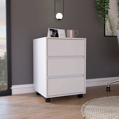 3 Drawer Filing Cabinet, Four Casters, Superior Top -White
