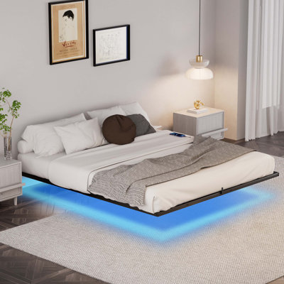 Floating Bed King Size with LED Lights & charging station, Metal Platform Queen Bed,