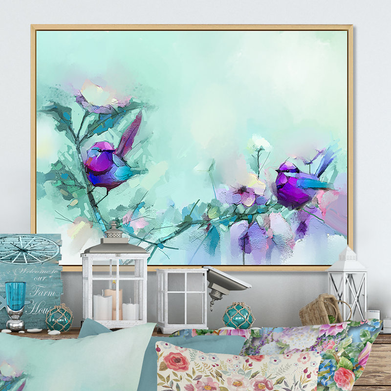 Paintbrush mauve et turquoise - Reproduction sur toile flottante, H 8 po x l 12 po x P 1 po, Cadre flottant brun