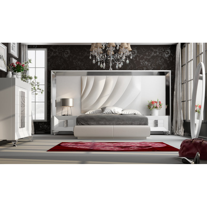 Annalya Vegan Leather Panel Bed, High Gloss, Queen