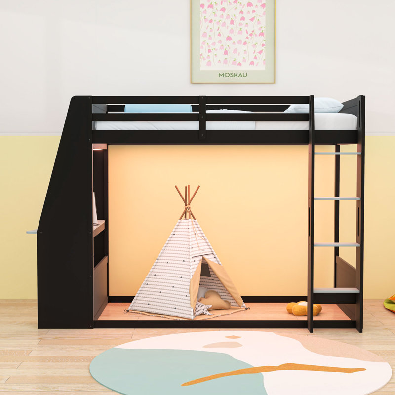 Lit superposé en bois Gamer avec bureau intégré, éclairage USB et DEL, Simple sur simple, Black Grey