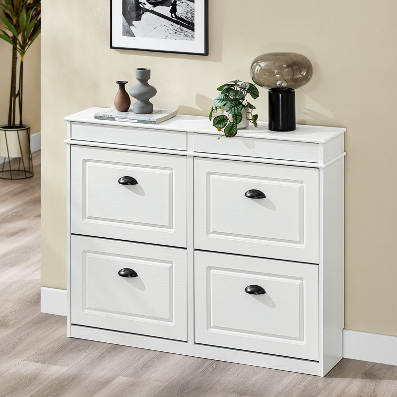 Moriah 16 Pair Flip Down Shoe Storage, White Vintage Wood Grain Effect/Black