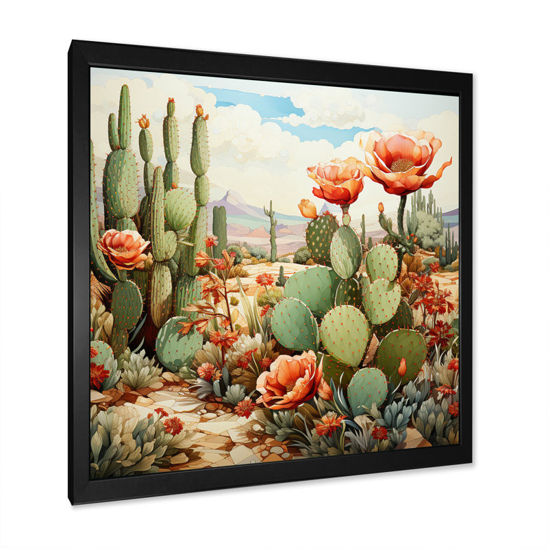 Corail vert cactus désert pointillisme III - art mural de cactus pour le salon, H 24 po x l 24 po x P 1 po, Cadre simple noir