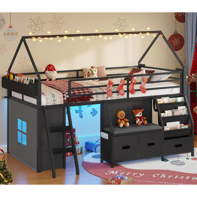 Low Loft Bed Twin Size With Bookshelf, Reading Nook, Led Kids Loft Bed With 3 Drawers, Under-Bed Play Space, House Loft Beds With Safety Guardrail, Inclined Ladde & Play Curtain