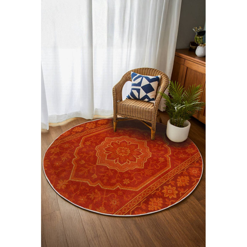 Greysi Collection Digital Print Cotton-Polyester Red Oriental Rug, Round 3'4"